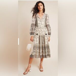 Anthropologie Talulah Cream and Black Ruched‎ Tiered Midi Dress Size XS Boho